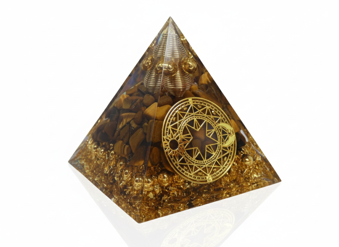 Pyramide Cercle Magique Oeil de Tigre en Orgonite Ma boutique
