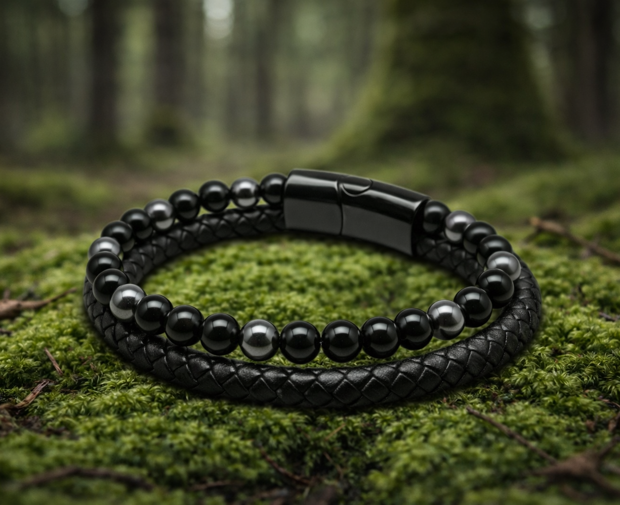 Bracelet Cuir Onyx et Hématite