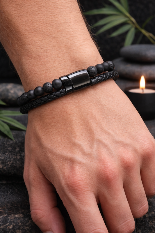Bracelet Cuir, Onyx et Shungite