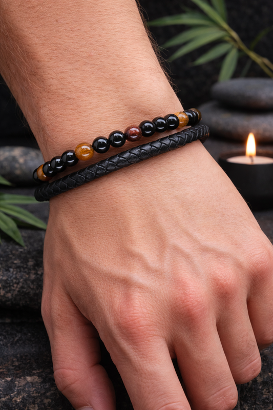 Bracelet Cuir Onyx et Œil de Tigre