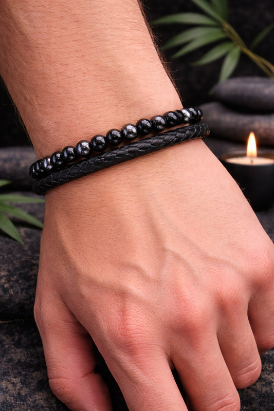 Bracelet Cuir Onyx et Hématite