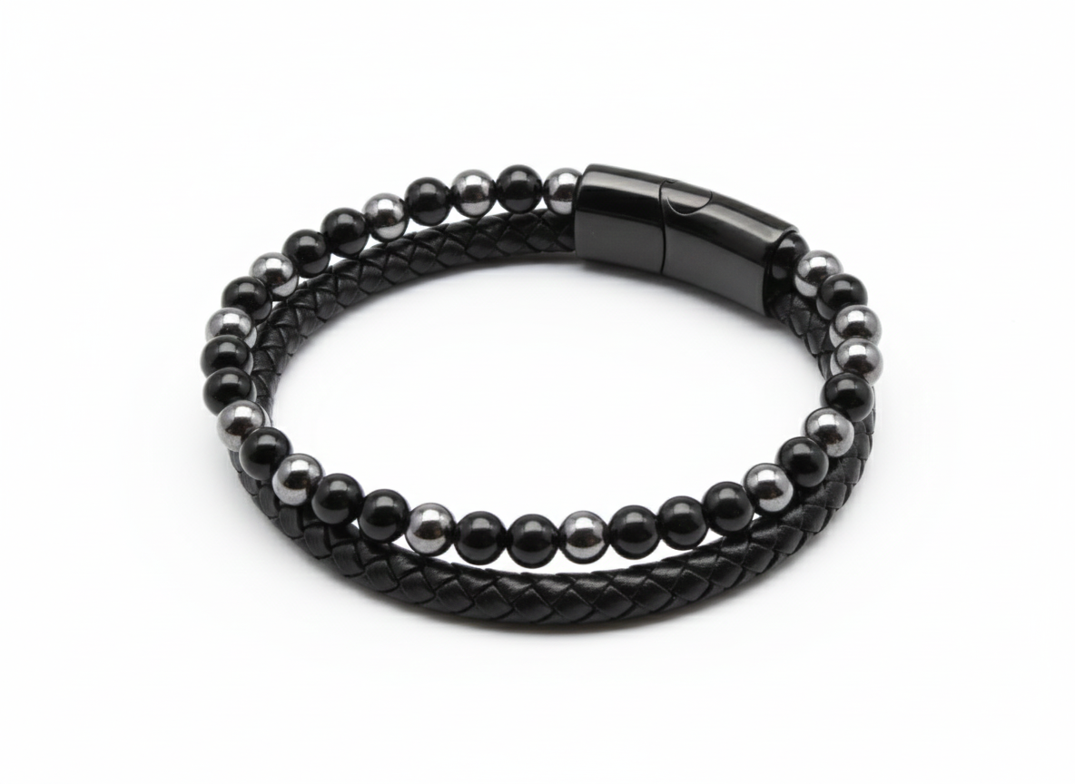 Bracelet Cuir Onyx et Hématite