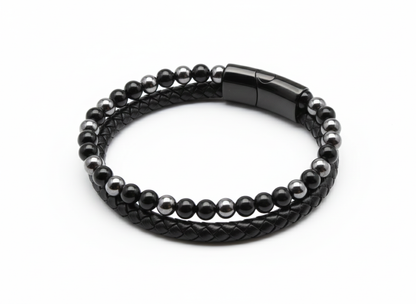 Bracelet Cuir Onyx et Hématite