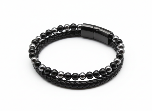 Bracelet Cuir Onyx et Hématite