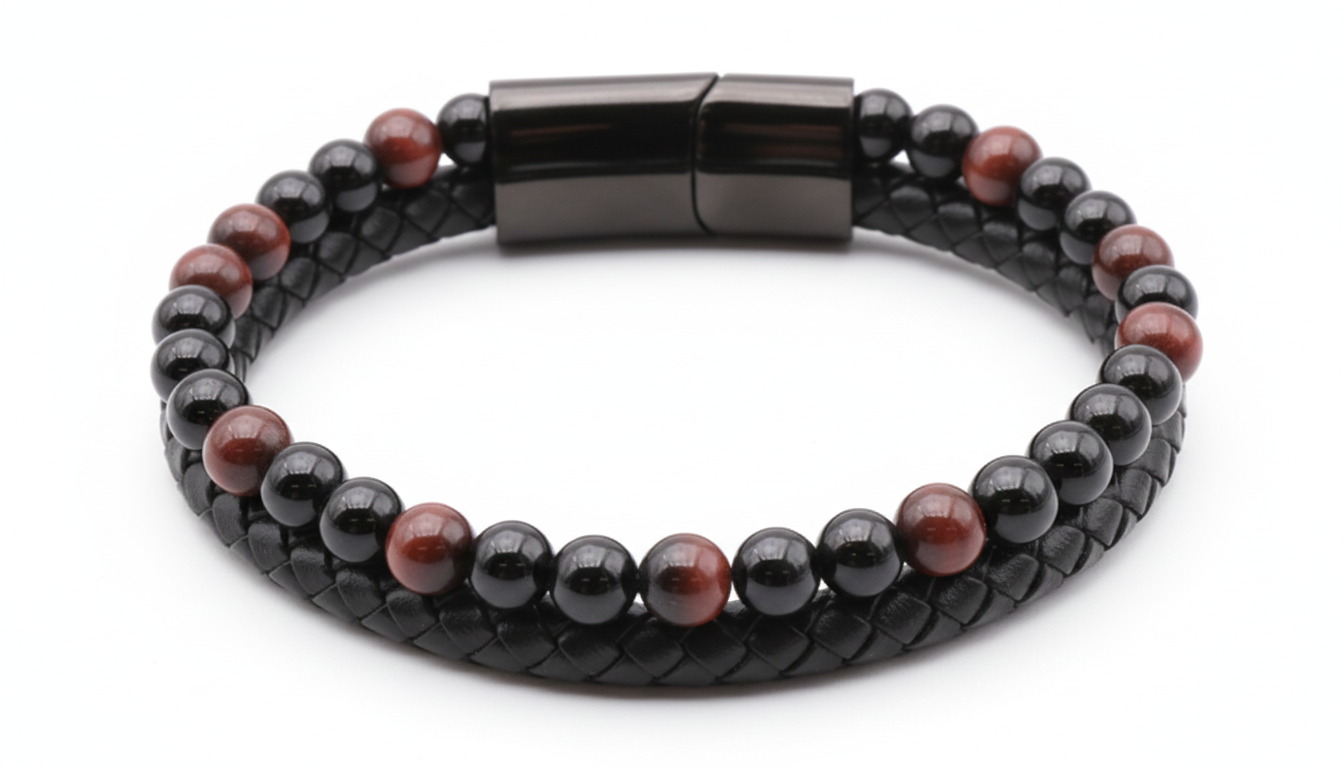 Bracelet  Cuir Onyx et Oeil de Taureau