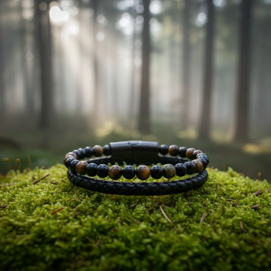 Bracelet Cuir Onyx et Œil de Tigre