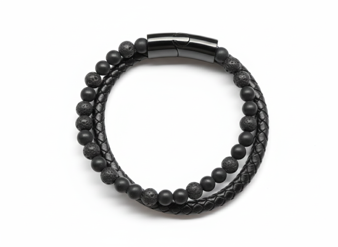 Bracelet Cuir Shungite et Pierre de Lave