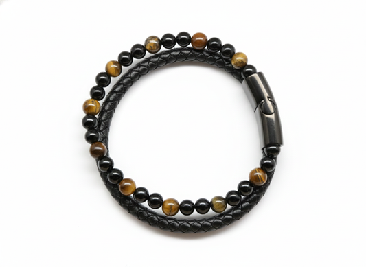 Bracelet Cuir Onyx et Œil de Tigre